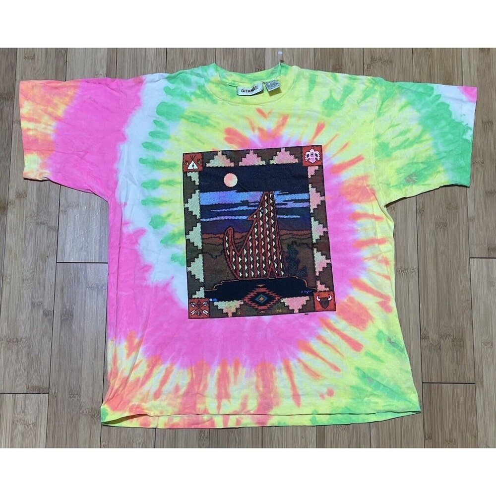 Vtg Native American Aztec Tribal Cave Art Tie Dye Single Stitch T Shirt One Size
